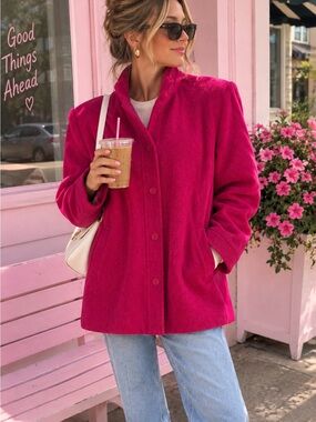Vintage 80’s 100% Wool Coat Fuchsia Pink Made in USA boxy Dolman sleeve power